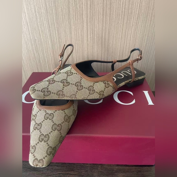Gucci Shoes - Gucci Beige Monogram Slingback Flats